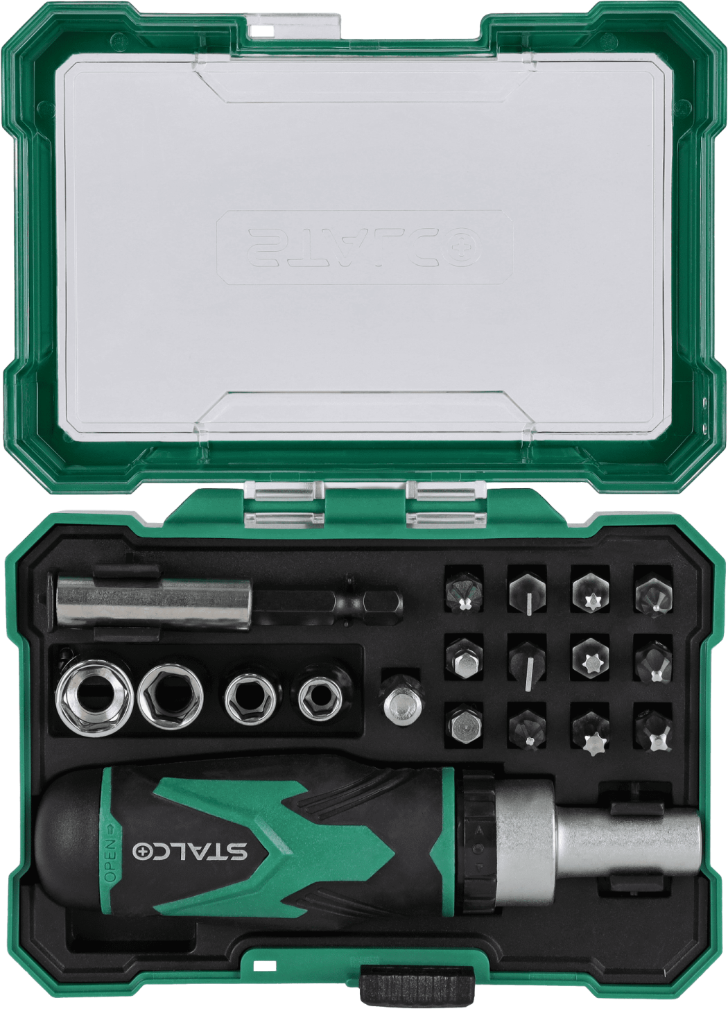 Un set de biți de oțel S2 de 25 mm și mufe cu un buton din 19 piese. STALCO S-13722