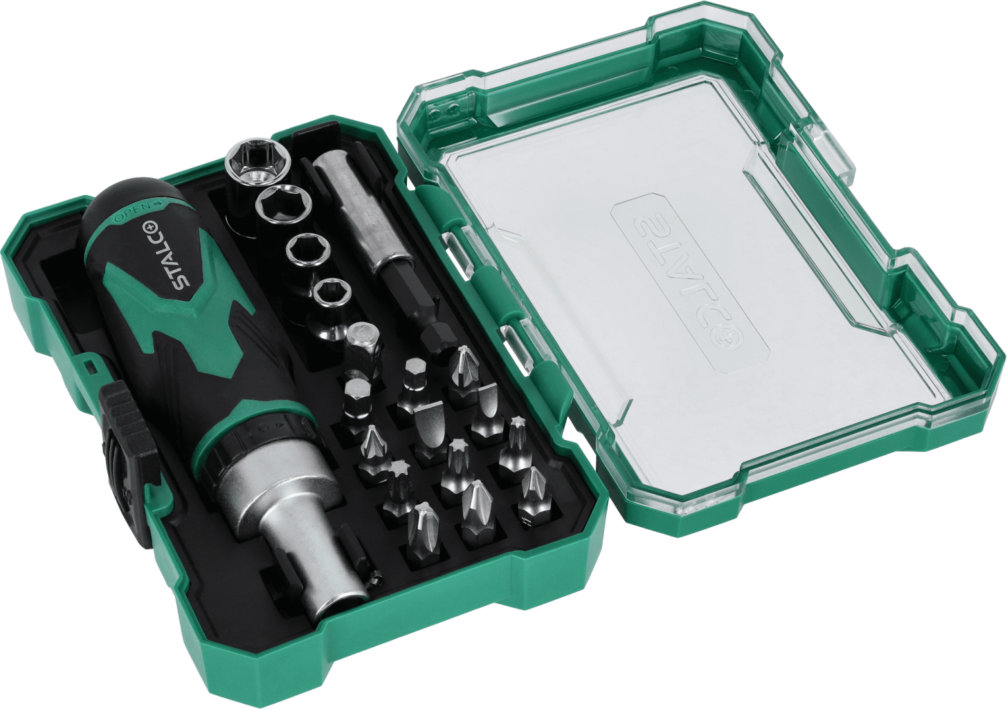 Un set de biți de oțel S2 de 25 mm și mufe cu un buton din 19 piese. STALCO S-13722