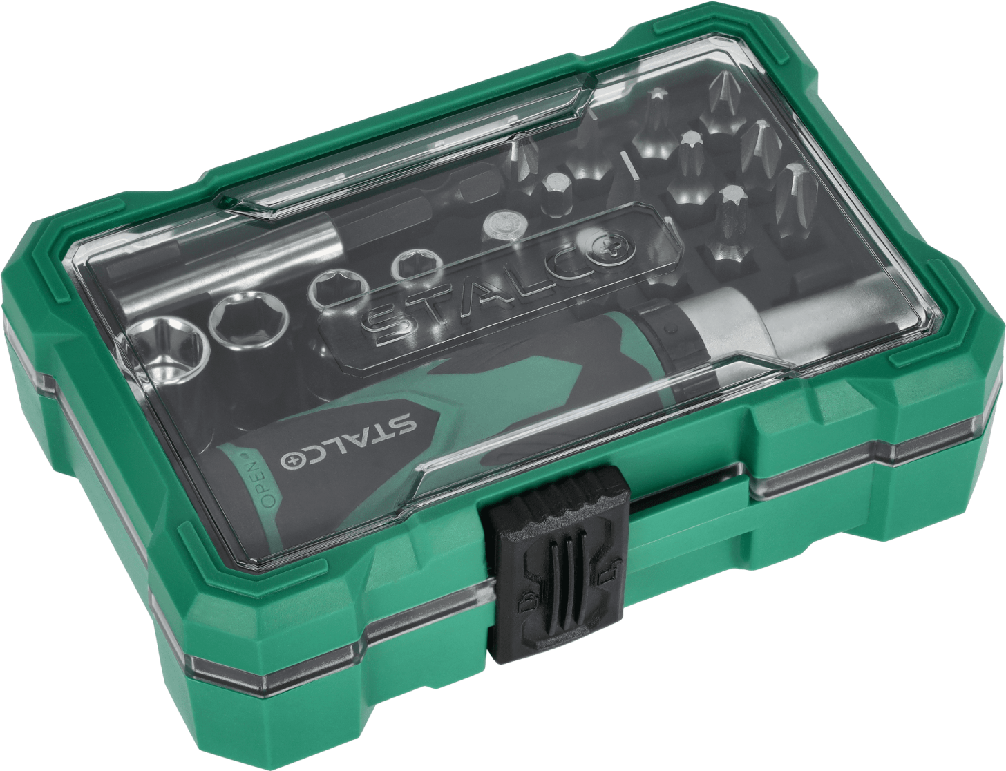 Un set de biți de oțel S2 de 25 mm și mufe cu un buton din 19 piese. STALCO S-13722