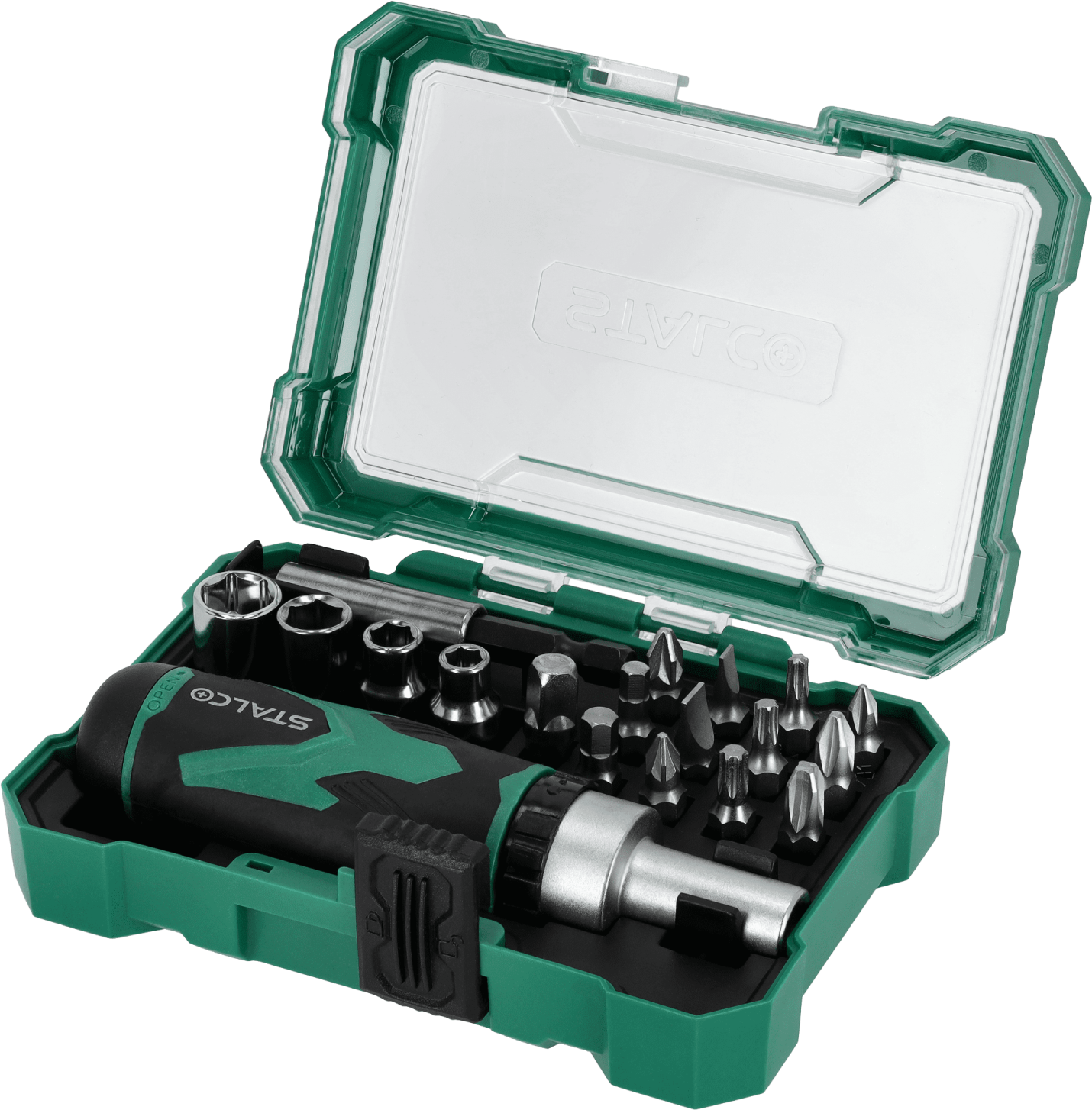 Un set de biți de oțel S2 de 25 mm și mufe cu un buton din 19 piese. STALCO S-13722