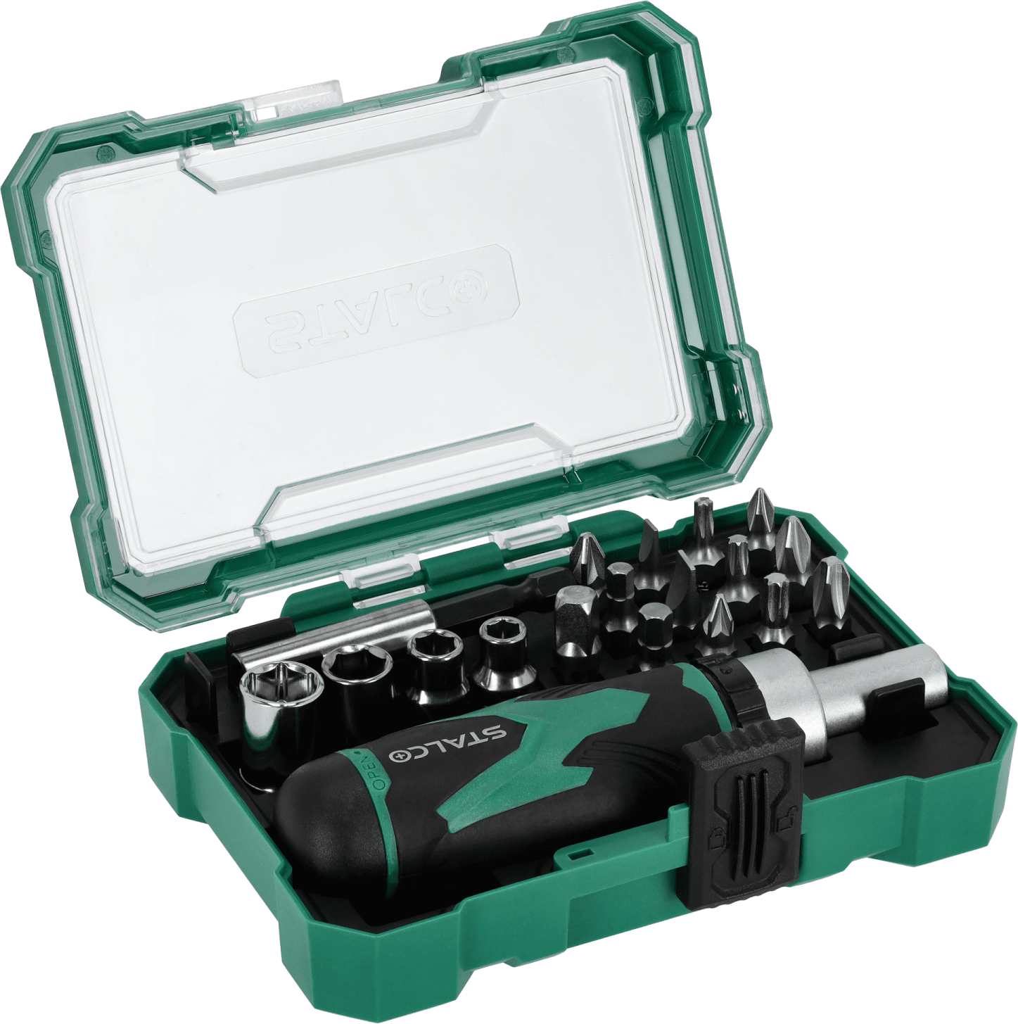 Un set de biți de oțel S2 de 25 mm și mufe cu un buton din 19 piese. STALCO S-13722